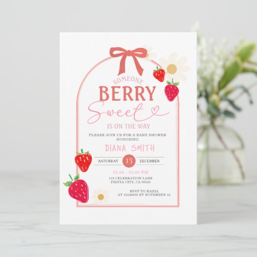 Pink Berry Sweet Baby shower Invitation Kaart (Staand voorkant)