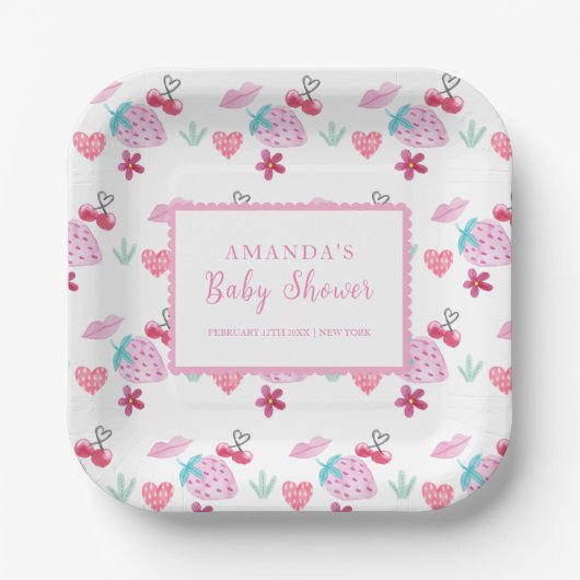 Pink Berry Sweet Sweetheart Valentijn Baby shower Papieren Bordje (Voorkant)