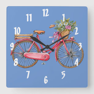 Pink Bike & Basket Square Wall klok