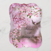 Pink Bird Asian Blossom Birthday Party Kaart (Voorkant / Achterkant)