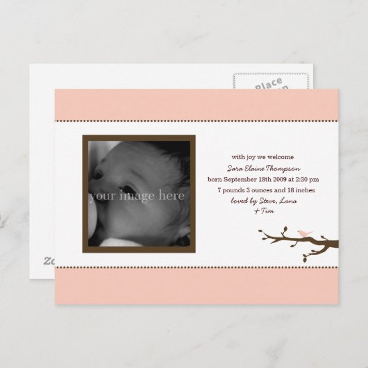 Pink Bird Baby aangekondigd Aankondigingskaart (Voorkant / Achterkant)