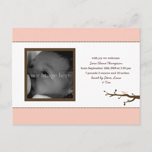 Pink Bird Baby aangekondigd Aankondigingskaart (Voorkant)