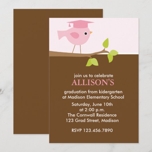 Pink Bird Girls Afstudeerfeest Kaart (Voorkant / Achterkant)