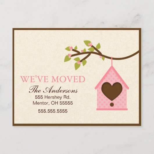Pink Bird House Hanging Moving Aankondigingen Aankondigingskaart (Voorkant)