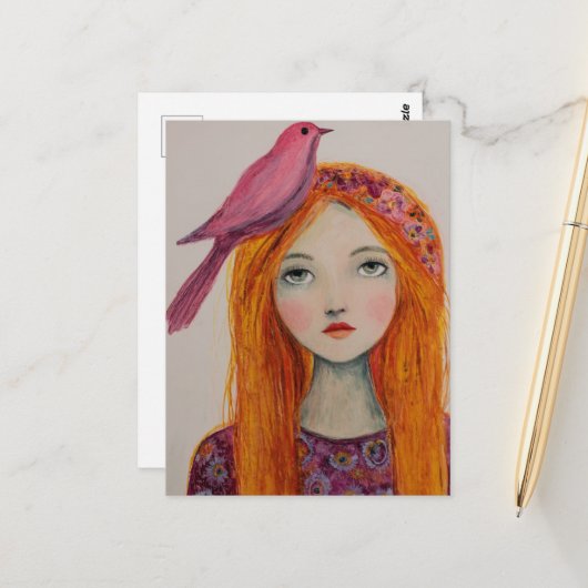 Pink Bird in her Hair Briefkaart (Voorkant / Achterkant in situ)