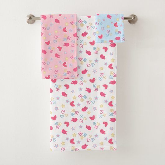 Pink Birds en Love Hearts Bad Handdoek (Insitu)