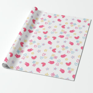 Pink Birds en Love Hearts Cadeaupapier
