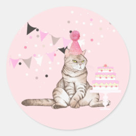 Pink Birthday Cat Party Ronde Sticker