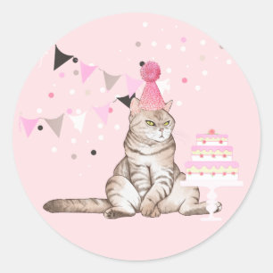 Pink Birthday Cat Party Ronde Sticker
