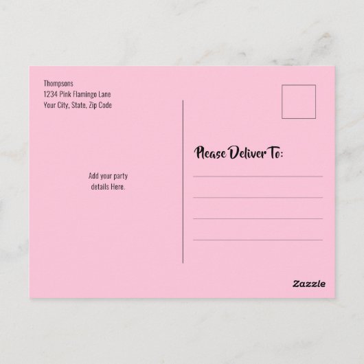 Pink Birthday Party Cute Flamingo Custom Briefkaart (Achterkant)