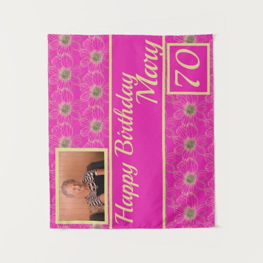 Pink Birthday Party Floral Design Custom Tapestry Wandkleed (Voorkant)