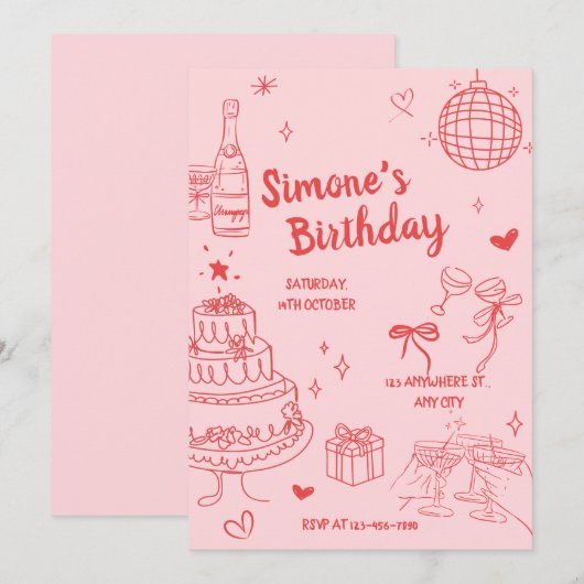 Pink Birthday Party Invite Kaart (Voorkant / Achterkant)