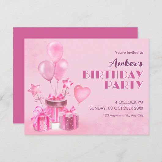 Pink Birthday Party Kaart (Voorkant / Achterkant)