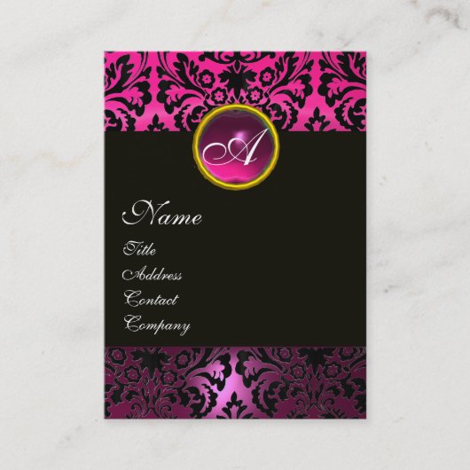 PINK BLACK AMETHYST DAMASK MONOGRAM Fuchsia Floral Visitekaartje (Voorkant)