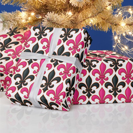 Pink Black Baroque Fleur-de-lis Pattern Design  Cadeaupapier