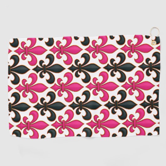 Pink Black Baroque Fleur-de-lis Pattern Design Golfhanddoek (Horizontaal)