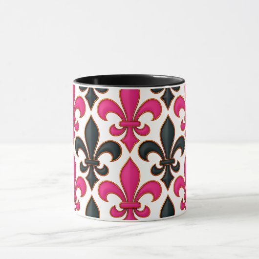 Pink Black Baroque Fleur-de-lis Pattern Design Mok (Midden)
