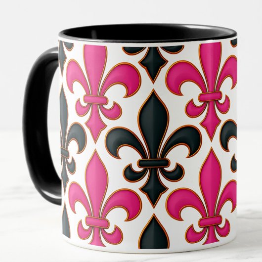 Pink Black Baroque Fleur-de-lis Pattern Design  Mok