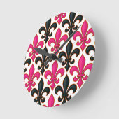 Pink Black Baroque Fleur-de-lis Pattern Design  Ronde Klok (Hoek)