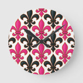Pink Black Baroque Fleur-de-lis Pattern Design  Ronde Klok (Voorkant)