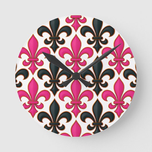 Pink Black Baroque Fleur-de-lis Pattern Design  Ronde Klok (Voorkant)