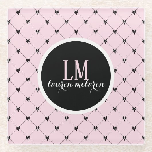 Pink & Black Bow Monogram Glazen Onderzetter (Voorkant)
