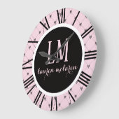 Pink & Black Bow Monogram Grote Klok (Hoek)