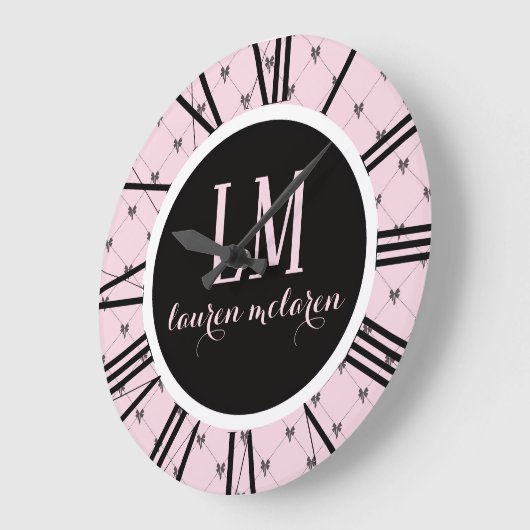 Pink & Black Bow Monogram Grote Klok (Hoek)