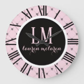 Pink & Black Bow Monogram Grote Klok (Voorkant)