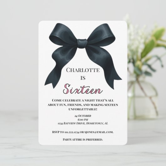 Pink Black Bow Sweet 16 Bday Invite - Downloadbaar Kaart (Staand voorkant)