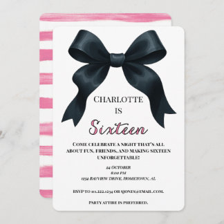Pink Black Bow Sweet 16 Bday Invite - Downloadbaar Kaart