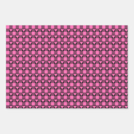 Pink Black Buffalo Heart Plaid Inpakpapier Vel