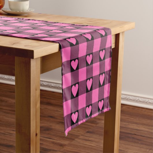 Pink Black Buffalo Heart Plaid Table Runner Korte Tafelloper (Voorbeeld)
