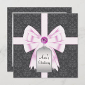 Pink Black Damask Baby Uitnodigingen voor doopfees (Voorkant / Achterkant)