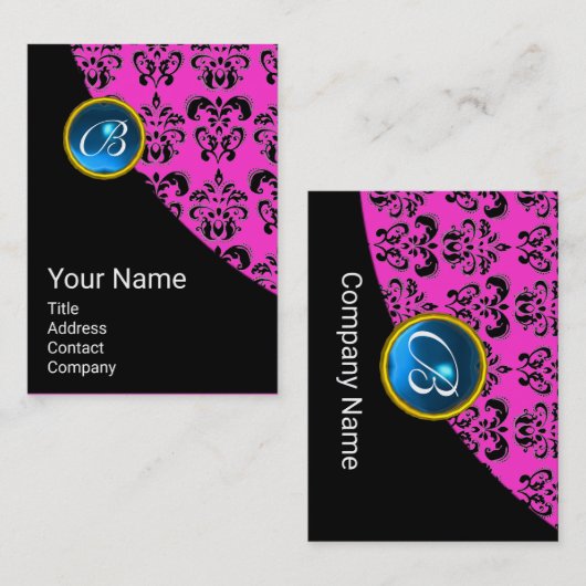 PINK BLACK DAMASK BLUE SAPPHIRE GEMSTONE MONOGRAM VISITEKAARTJE (Voorkant / Achterkant)