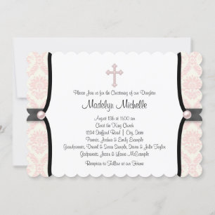 Pink Black Damask Christening Kaart