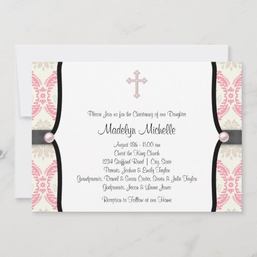 Pink Black Damask Christening Kaart (Voorkant)
