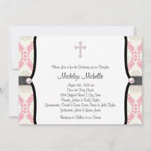Pink Black Damask Christening Kaart