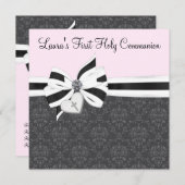Pink Black Damask Heart Cross Eerste Communie Kaart (Voorkant / Achterkant)