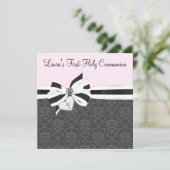 Pink Black Damask Heart Cross Eerste Communie Kaart (Staand voorkant)