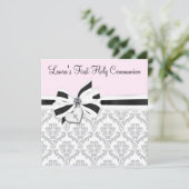 Pink Black Damask Heart Cross Eerste Communie Kaart (Staand voorkant)