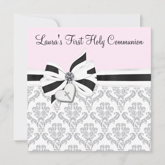 Pink Black Damask Heart Cross Eerste Communie Kaart (Voorkant)