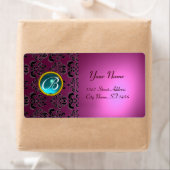 PINK BLACK DAMASK MONOGRAM, blauw aquamarine Etiket (Insitu)