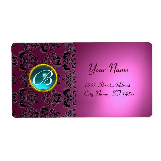 PINK BLACK DAMASK MONOGRAM, blauw aquamarine Etiket (Voorkant)