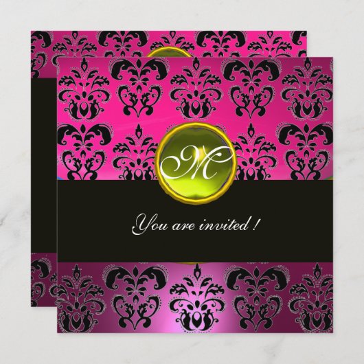 PINK BLACK DAMASK MONOGRAM, gele topaz Kaart (Voorkant / Achterkant)