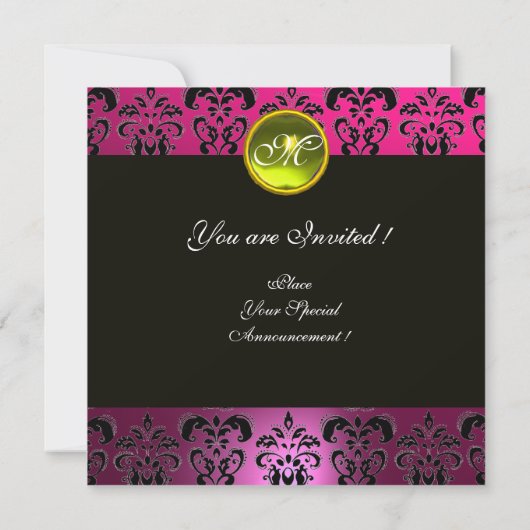 PINK BLACK DAMASK MONOGRAM, gele topaz Kaart (Achterkant)