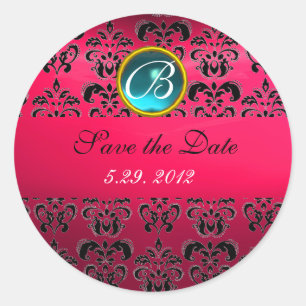 PINK BLACK DAMASK MONOGRAM, red ruby, fuchsia blue Ronde Sticker