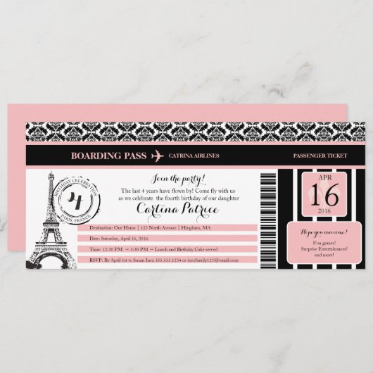 Pink Black Damask Paris Verjaardag Boarding Pass Kaart (Voorkant / Achterkant)