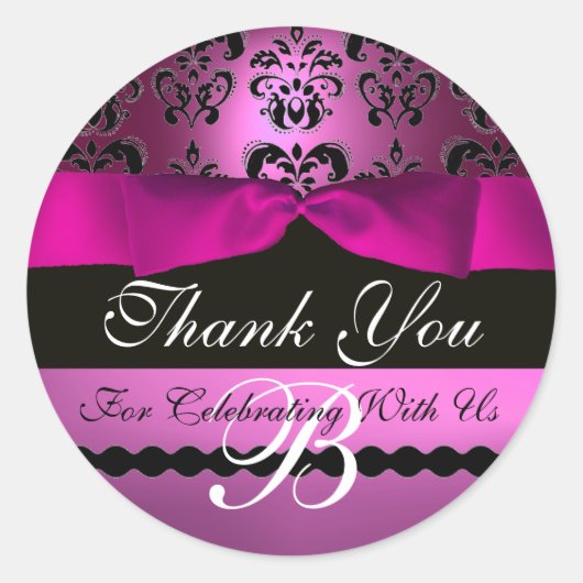 PINK BLACK DAMASK RIBBON MONOGRAM Paars Violet Ronde Sticker (Voorkant)