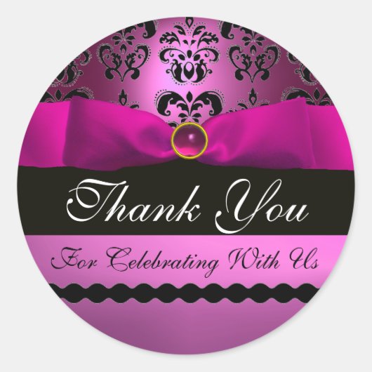 PINK BLACK DAMASK RIBBON MONOGRAM Paars Violet Ronde Sticker (Voorkant)